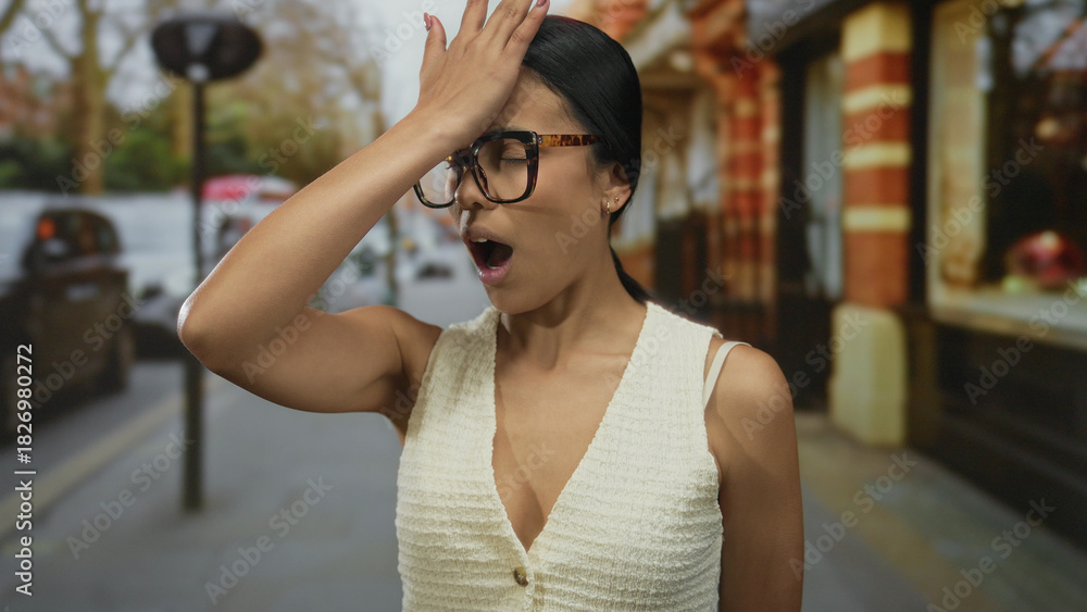 Fototapeta premium Young woman in glasses outdoors on city street expressing surprise with open mouth and hand on forehead in urban setting with cars.