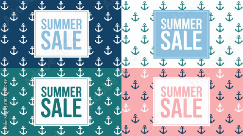 Four Summer Sale Banners with Anchor Pattern in Different Color Combinations promotion discount