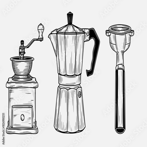 Coffee Brewing Kit Espresso Maker, Grinder, and Portafilter Illustration