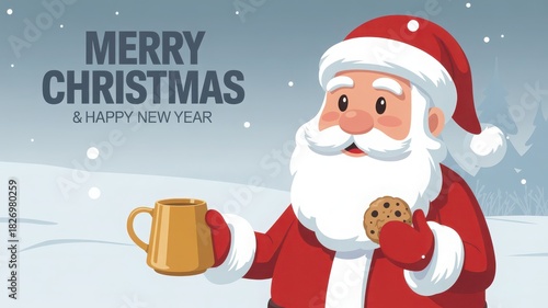 Cute cartoon santa claus holding a mug of hot drink and a chocolate chip cookie in snowy winter