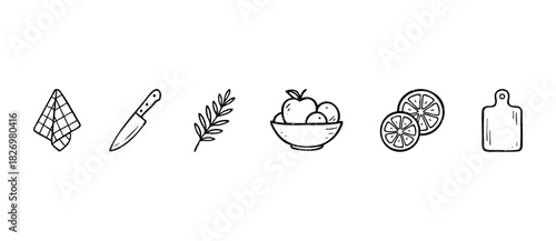 Collection of simple kitchen and food related hand drawn line icons including a cloth, knife, leaf, bowl of fruit, citrus slices and a cutting board for graphic use