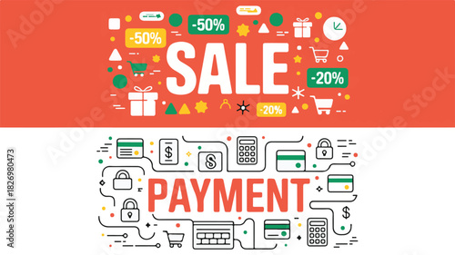 Sale and Payment Icons with Discount Percentages and Shopping Elements vector illustration