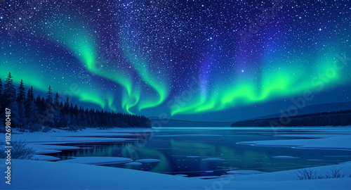 Deep green aurora waves glowing across polar sky. Brilliant northern lights over snowy wilderness. Radiant aurora streaming above frozen valley. Starry arctic night illuminated by bright aurora