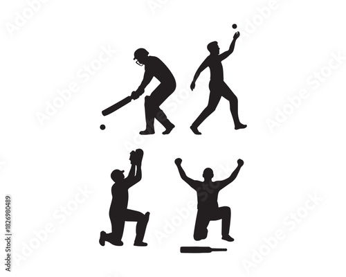 Straight drive, bowler jump, wicketkeeper dive catch, and jumping celebration Vectior illustration design set collection 