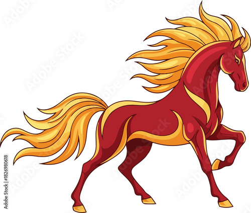 A red cartoon horse with a yellow mane and tail in a dynamic pose