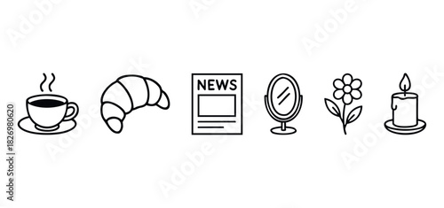 Collection of simple outline icons representing morning routine elements like coffee croissant newspaper mirror flower and candle for graphic usage