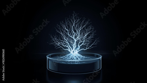 Glowing Tree of Life in Petri Dish on Black Background