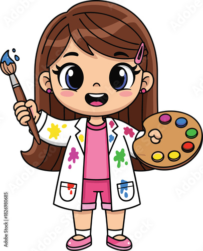 Cartoon girl artist, paint splatter coat, holding brush and palette, creative character, cheerful expression, flat vector illustration
