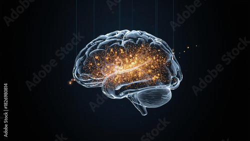 Transparent brain with bright internal glowing data and light