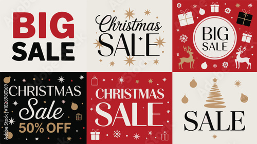 Six square graphic design elements for Christmas sales with festive decorations and typography Keywords: christmas, sale, big sale, christmas sale, discount, offer, promotion