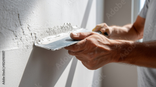 Worker applying joint compound to drywall seams. A professional uses a wide taping knife to smooth joint compound across taped seams. The texture of the compound and sunlight on th