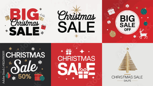 Six square graphic design elements for Christmas sales with festive decorations and typography Keywords: christmas, sale, big sale, christmas sale, discount, offer, promotion