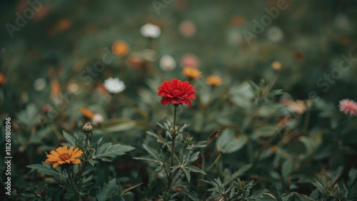 Fototapeta Naklejka Na Ścianę i Meble -  Colorful flowers blooming in a garden with a red flower in the center. Nature and gardening, concept. Floral beauty and diversity. The concept of botanical gardens and flowering plants