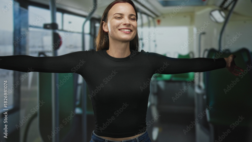 Fototapeta premium Young woman smiling with face turned up and eyes closed, arms fully outstretched across aisle on city bus; joy freedom travel.