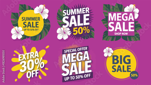 Six Summer Sale Banners with Tropical Elements and Discounts offer promotion