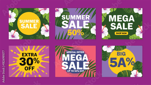 Six Summer Sale Banners with Tropical Flowers and Leaves discount offer