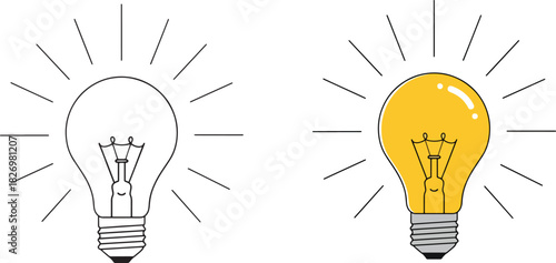 A brightly shining yellow light bulb illustration with radiating lines suggesting brilliance and innovation high quality