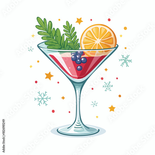 Festive Cocktail Illustration: A vibrant cocktail, garnished with citrus and greenery, promises a refreshing experience, framed by playful, holiday-themed embellishments.