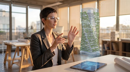 Architect Using AR to Visualize Futuristic Eco-Friendly Skyscraper Design.