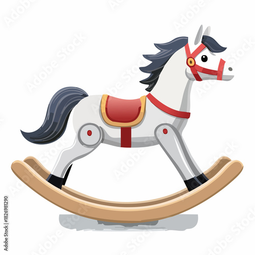 Rocking Horse: A classic wooden rocking horse with a white body, red accents, and black mane, ready to bring joy and adventure to a child's playroom or nursery.