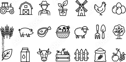 Collection of thin line food icons representing various edible items isolated on white background silhouette