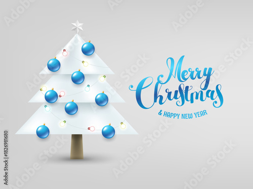 White Christmas tree with blue baubles. Vector illustration