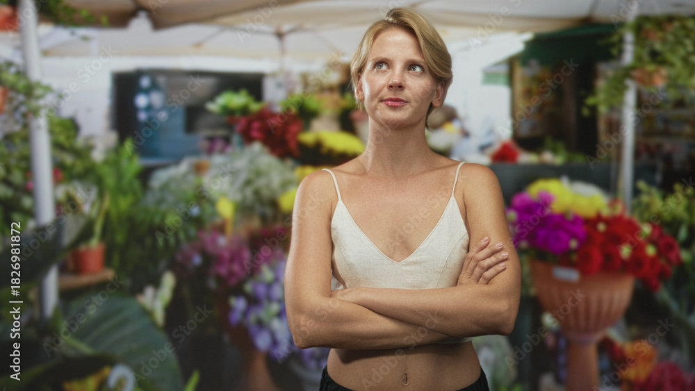 Φωτογραφία Blond woman in white crop top with arms crossed showing abdomen under market canopy on a street flower stall; contemplation decision