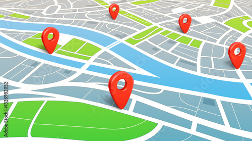 Сity map with navigation pins. 3d vector illustration