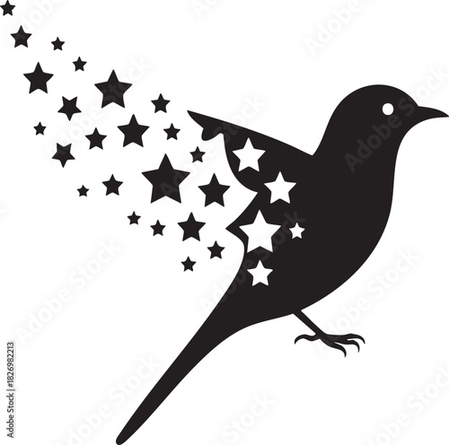 Black Bird Silhouette with Stars Vector Illustration