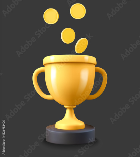 Gold trophy with golden coins. 3d vector icon