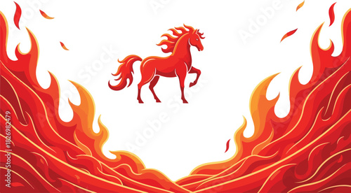 A red horse floats amid flames against a stark white background