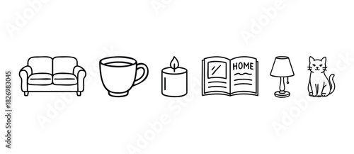 Cozy living room elements like a sofa, mug, candle, book, lamp, and cat depicted in simple line art for home comfort and relaxation themes.