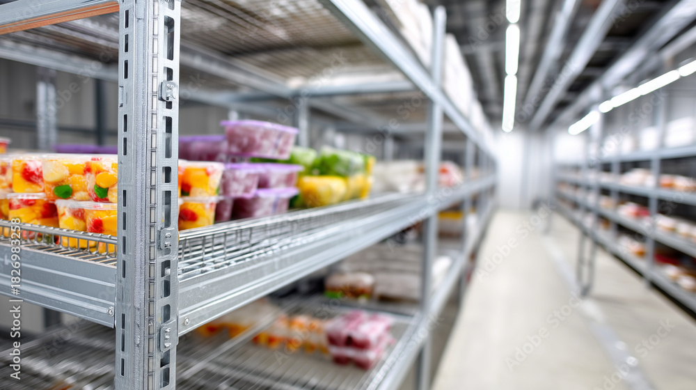 Fototapeta premium Cold room shelving, industrial rack system, warehouse frozen storage, logistics organization method, food inventory management, temperature-controlled facility, metal framework vis