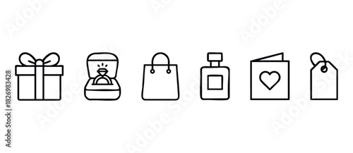 Collection of simple line icons representing gifts, ring, shopping bag, perfume, greeting card, and tag for celebratory occasions and retail use