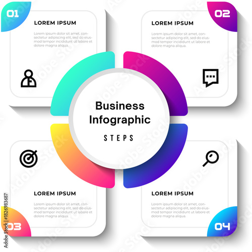 Vector infographic template featuring a modern, 3D-style circular layout divided into 4 steps. Ideal for presenting business processes, timelines, workflows, marketing steps, or educational content.