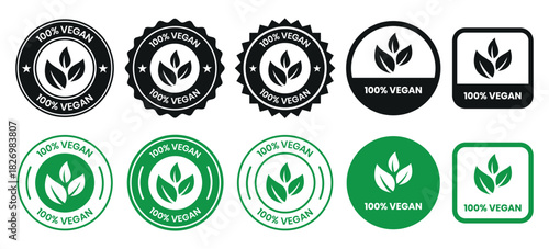 Vegan food icon set badge sign. Bio, Ecology, Organic logos and badges, label, tag. Green leaf on white background. Vector illustration. Vegan food logo, label, sign, badge, symbol, banner.