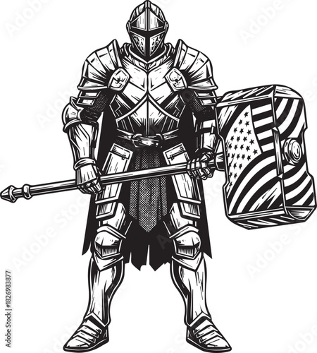 American Knight Protector with Hammer in Black and White Detailed Illustration Art Design Concept