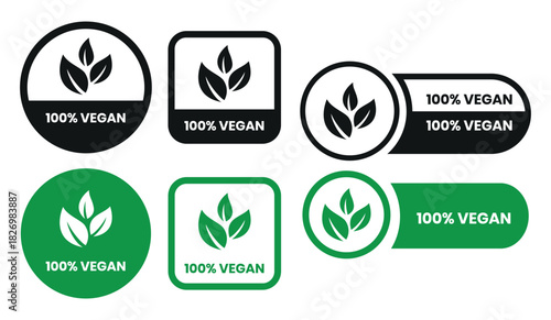Vegan food icon set badge sign. Bio, Ecology, Organic logos and badges, label, tag. Green leaf on white background. Vector illustration. Vegan food logo, label, sign, badge, symbol, banner.