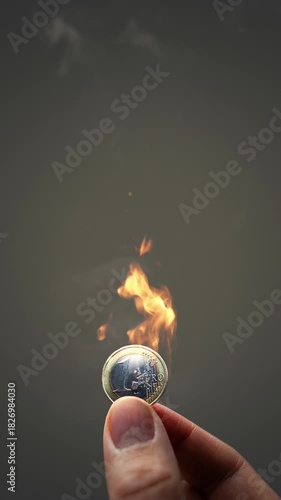 Burning Euro coin held between two fingers