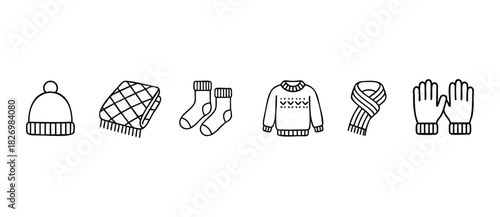 Winter clothing set icons featuring hat scarf sweater socks and gloves perfect for seasonal promotions and merchandise 