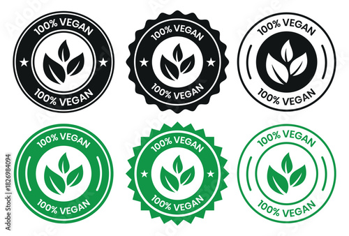 Vegan food icon set badge sign. Bio, Ecology, Organic logos and badges, label, tag. Green leaf on white background. Vector illustration. Vegan food logo, label, sign, badge, symbol, banner.
