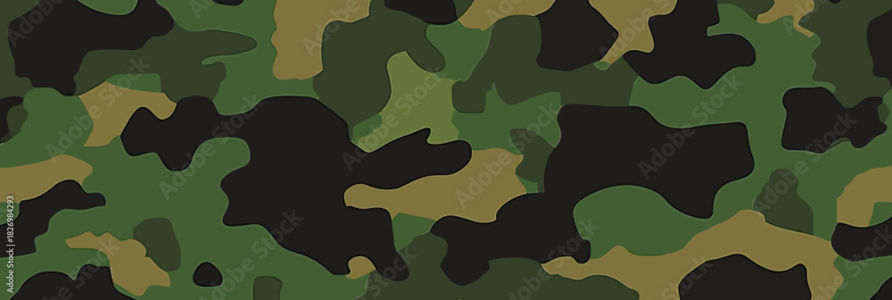 Fototapeta premium Seamless green military camouflage pattern background with abstract organic shapes in flat minimalist vector style for tactical design and fabric texture