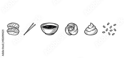 Collection of hand drawn icons representing sushi, chopsticks, soy sauce dish, and sesame seeds for food related graphics and menus.
