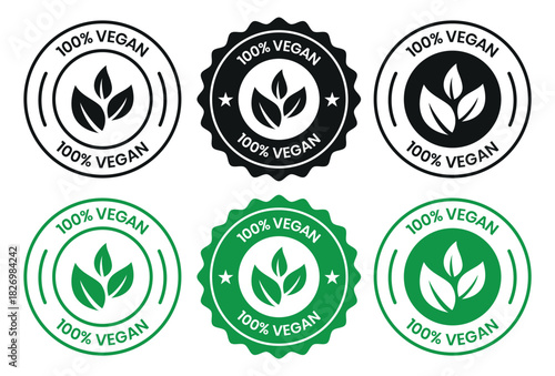 Vegan food icon set badge sign. Bio, Ecology, Organic logos and badges, label, tag. Green leaf on white background. Vector illustration. Vegan food logo, label, sign, badge, symbol, banner.