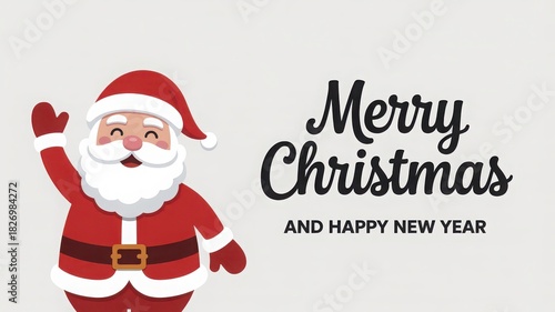 Cute cartoon santa claus waving next to merry christmas and happy new year text isolated on white background