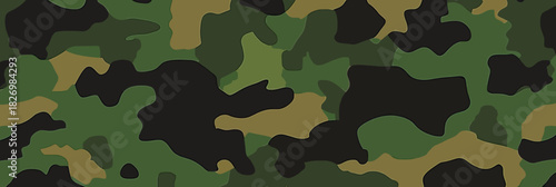 Seamless green military camouflage pattern background with abstract organic shapes in flat minimalist vector style for tactical design and fabric texture
