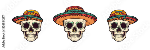 Vintage hand-drawn skulls wearing colorful Mexican sombreros with intricate patterns isolated on white background in flat minimalist vector style
