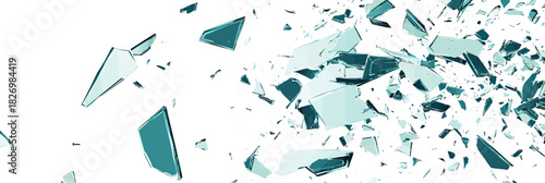 Shattered glass fragments flying scattered in explosion pattern on white background broken transparent shards vector illustration