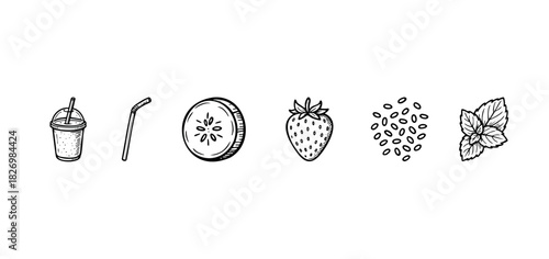 Hand Drawn Smoothie Cup, Straw, Kiwi Slice, Strawberry, Seeds, and Mint Leaves Collection for Healthy Lifestyle and Refreshment Graphics