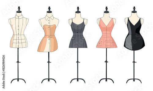 Set of five tailor mannequins with various dress designs and fitted bodices on adjustable metal stands isolated on white background vector illustration flat style
